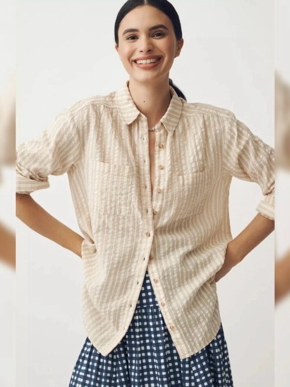 Pilcro The Hadley‎ Striped Relaxed Buttondown Shirt Cream/Tan Size Medium